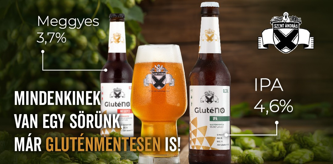 GlutéNO Meggyes és GlutéNO IPA palack a Szent András Sörfőzdétől